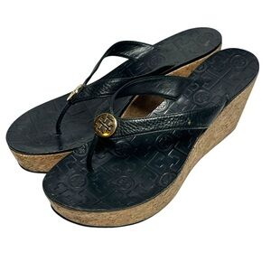 Tory Burch Thora Wedge Sandals US 9 Black Leather Slip On Shoes Cork 3" Heel
